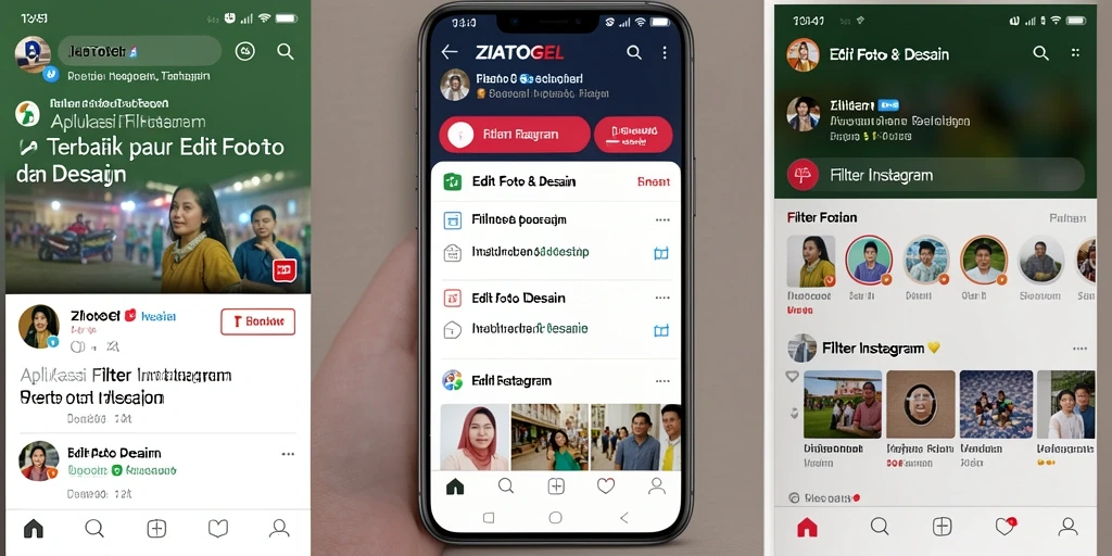 Antarmuka ZIATOGEL menampilkan berbagai filter Instagram yang menarik.